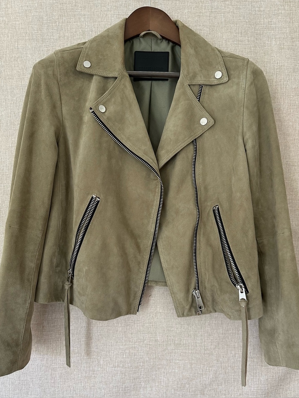 NWOT All Saints Dalby Pistachio Women’s Suede Moto Jacket size 10